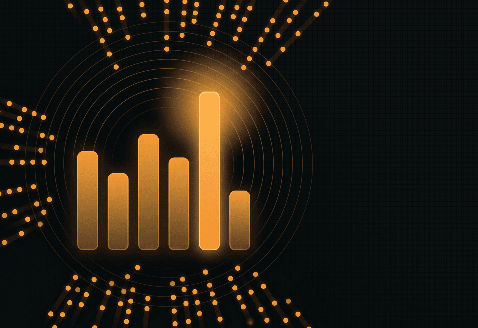 Live audience poll — amber bar-chart columns with incoming vote dots and broadcast rings on a dark background
