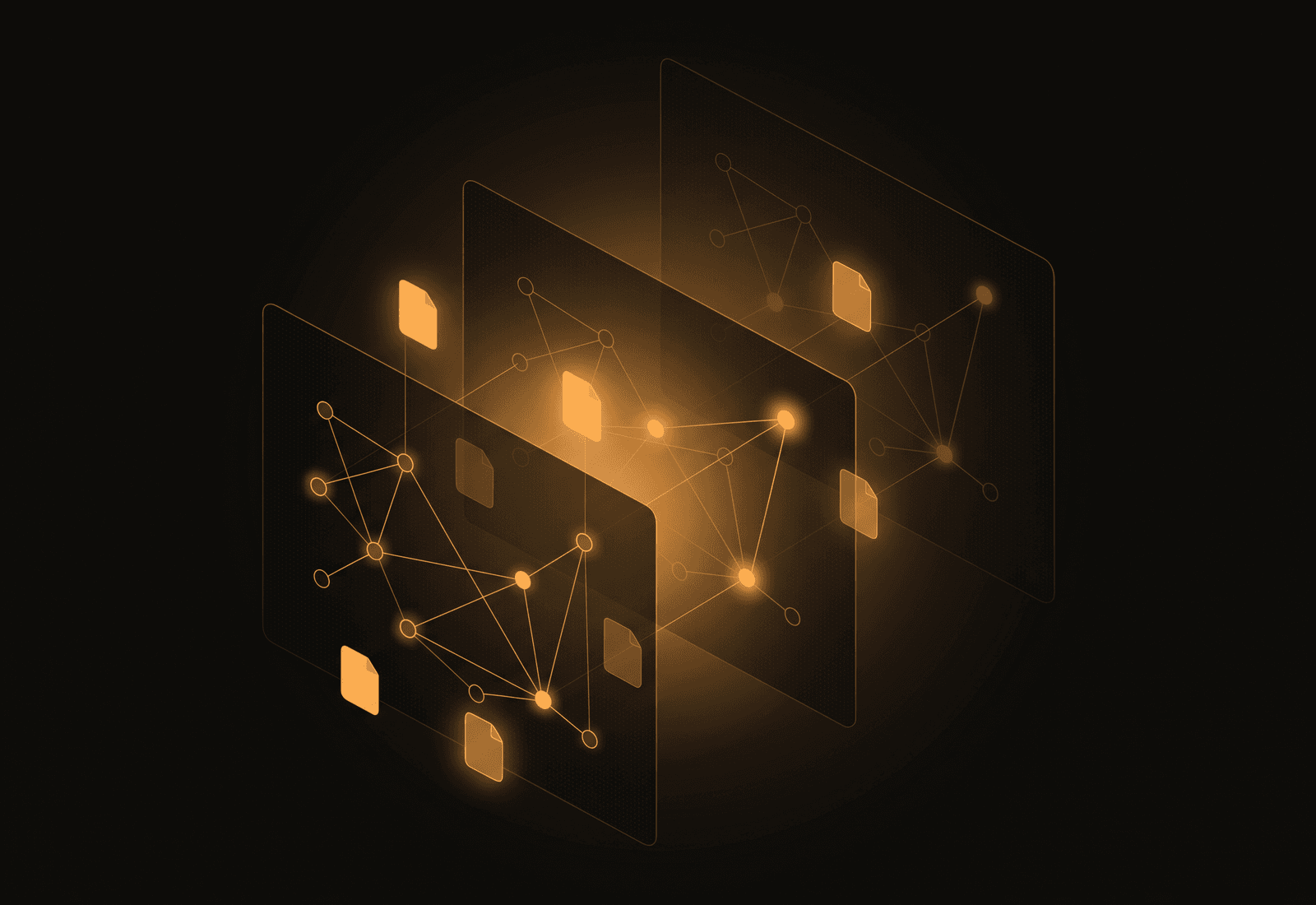 Multi-view knowledge graph — stacked amber graph layers with linked paper-nodes on a dark background