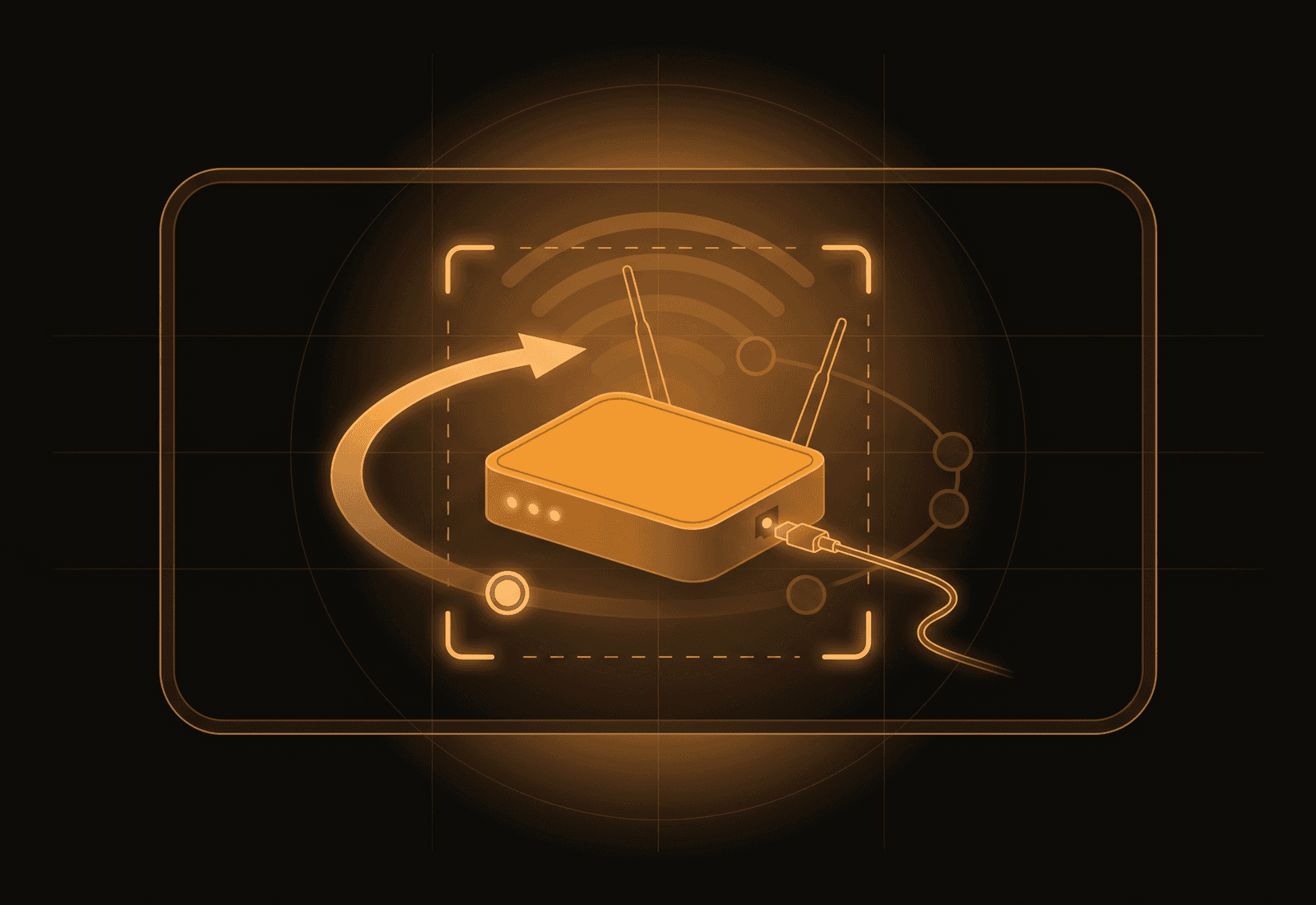 Augmented-reality router setup guide — an amber router with floating AR overlay arrows, a scan frame and Wi-Fi arcs on a dark background